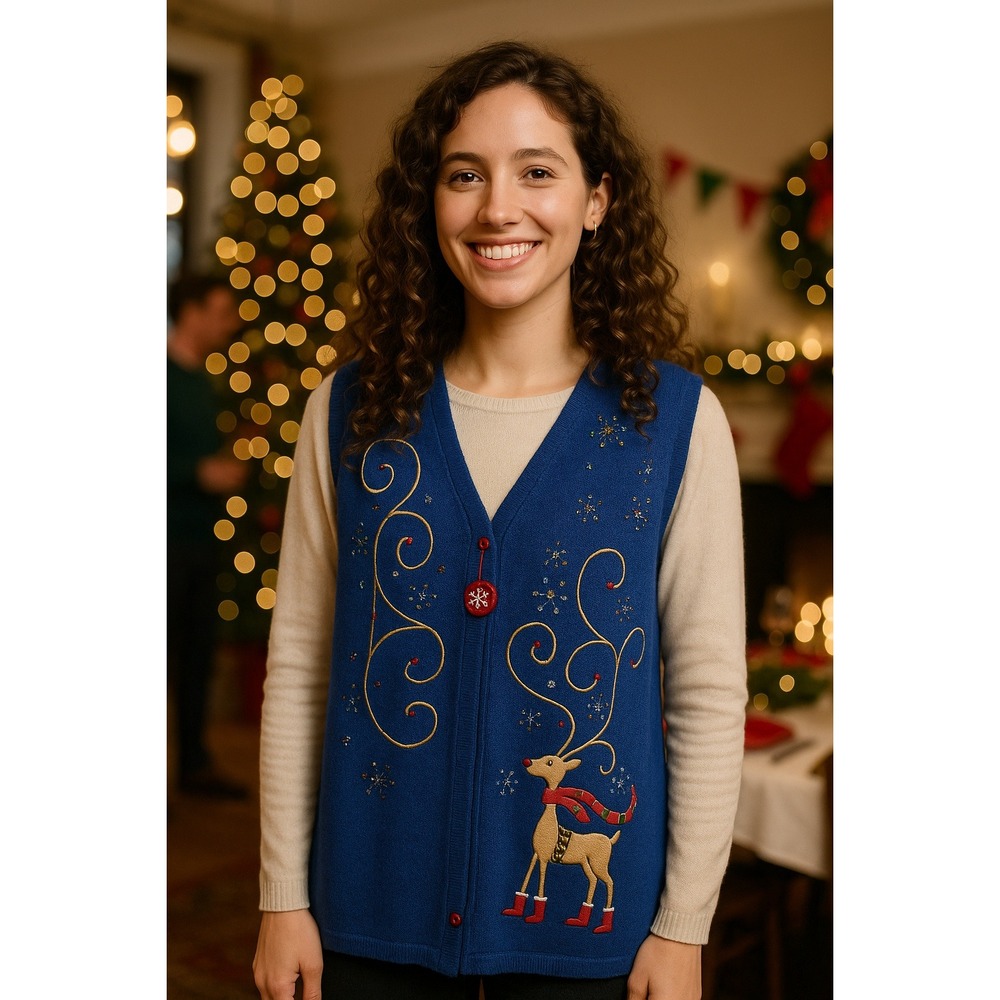 Ugly Christmas Sweater Holiday Glam Blue Reindeer Bling Embroider Zip Up L‎ Vest